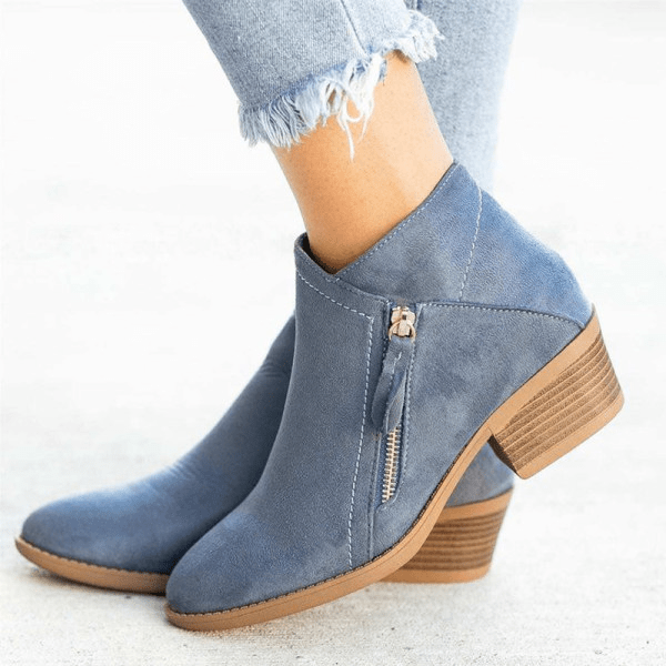 Women's Ankle Boots – Side-Zip Low Heel Style Blue