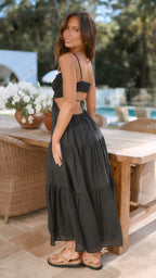 Women's Bohemian Maxi Dress with Spaghetti Straps and Cut-Out Waist
