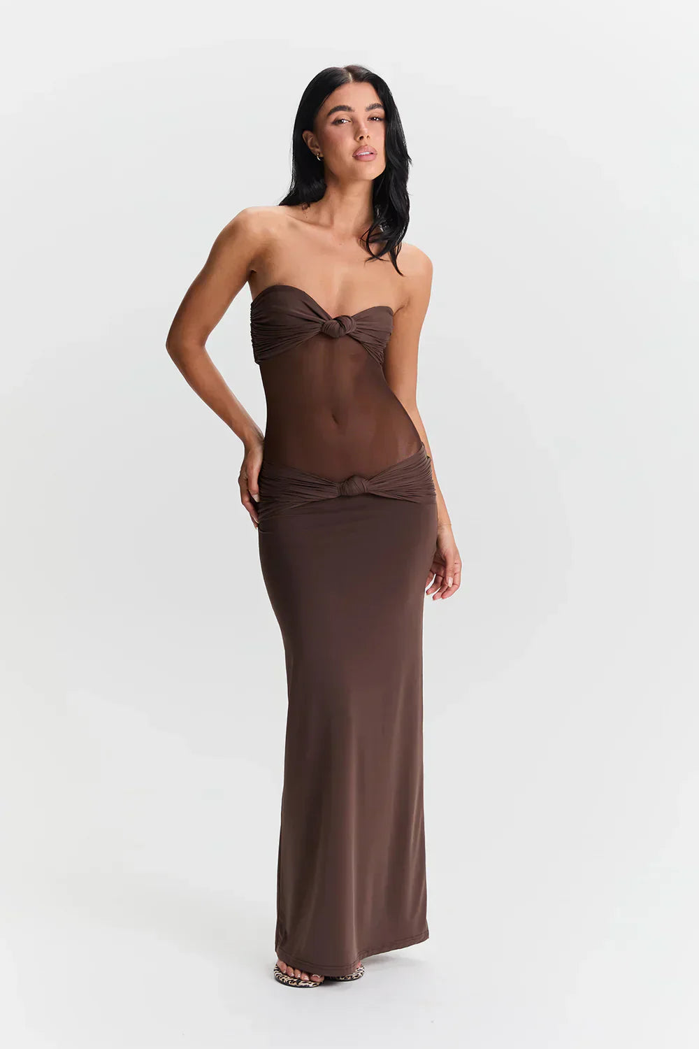 Nadine | Women's Elegant Mesh Maxi Dress Brown