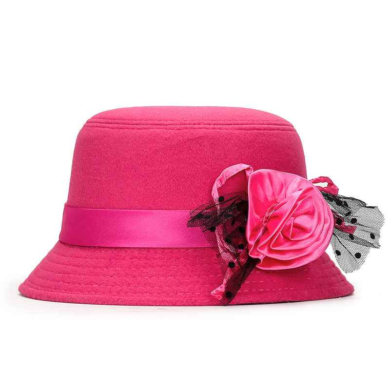 New Style Casual Ladies Big Brim Woolen Hat Rose Red Size