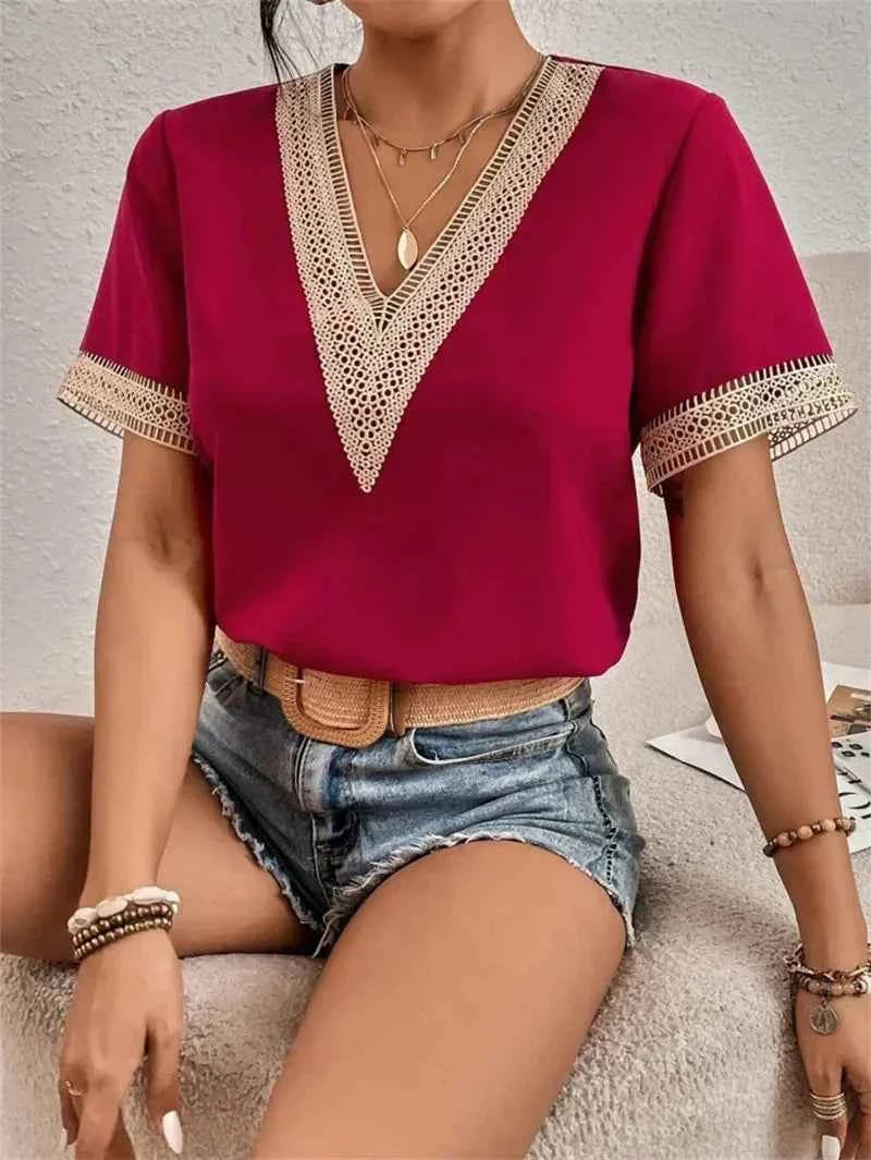 Women's Elegant V-Neck Short Sleeve Blouse Red