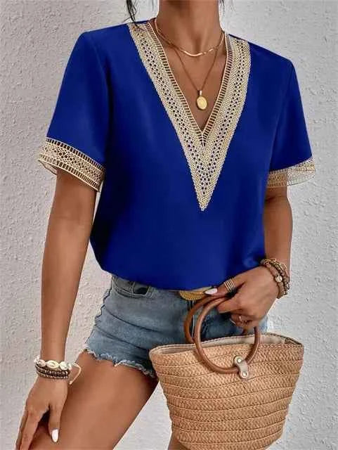 Women's Elegant V-Neck Short Sleeve Blouse Blue
