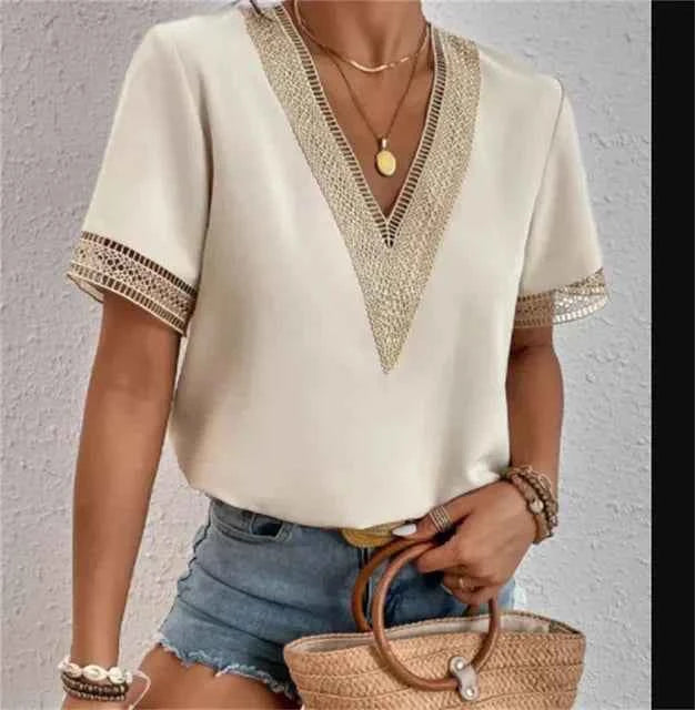 Women's Elegant V-Neck Short Sleeve Blouse Beige