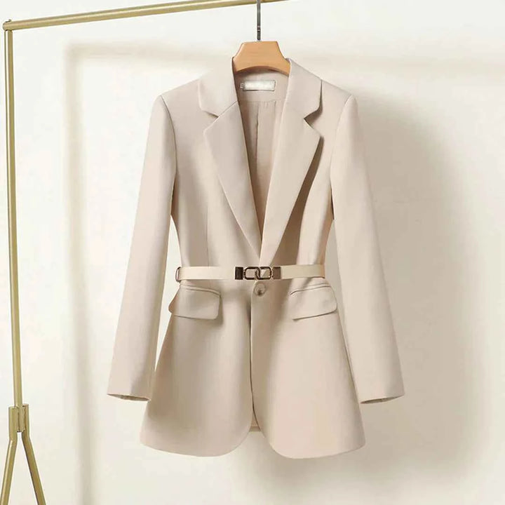 Women's Elegant Long Blazer with Belt Beige