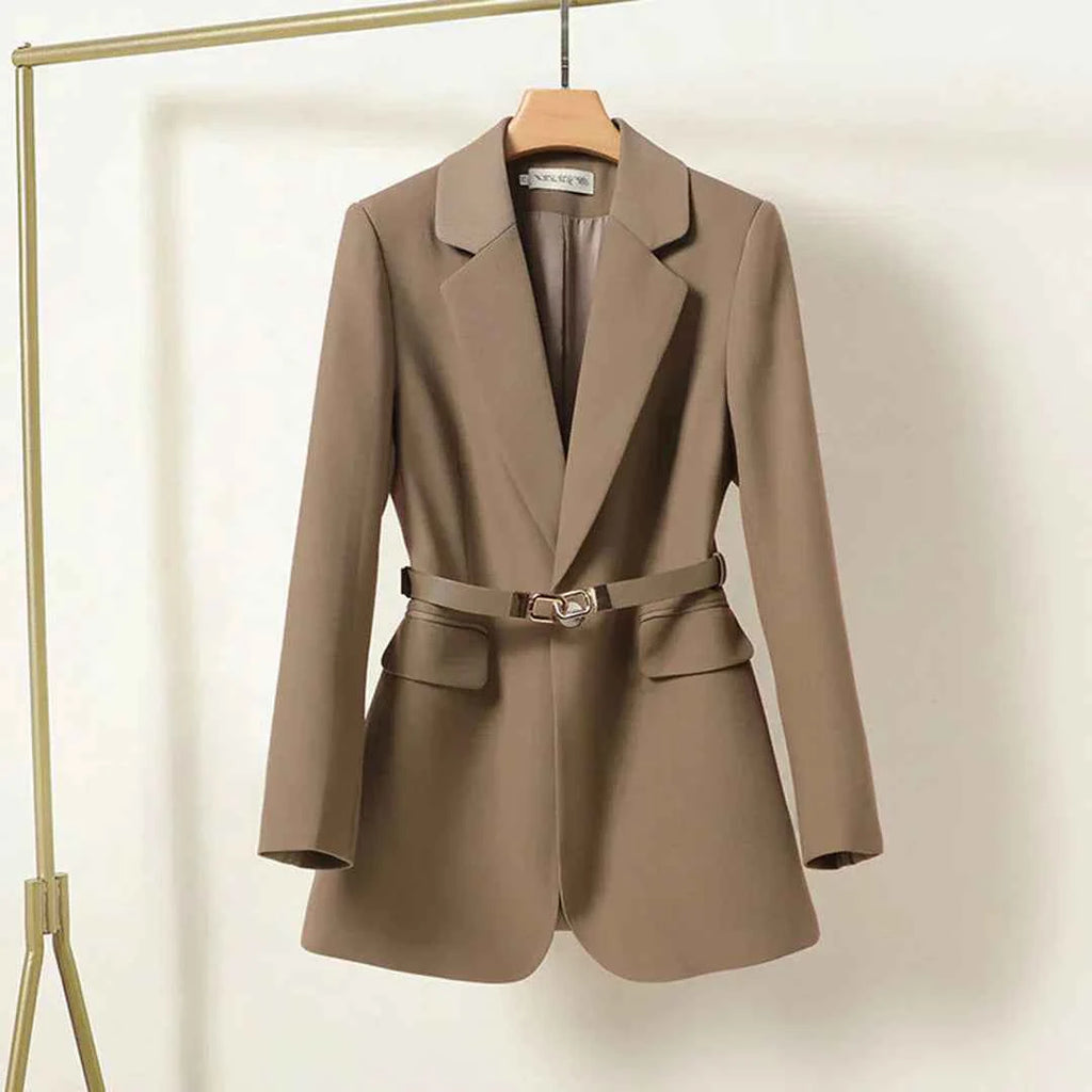 Women's Elegant Long Blazer with Belt Brown