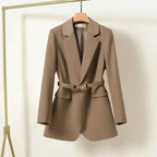 Women's Elegant Long Blazer with Belt Brown