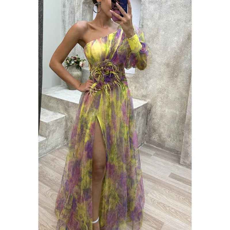 Norma | Elegant Maxi Dress in Sheer Floral Design Yellow