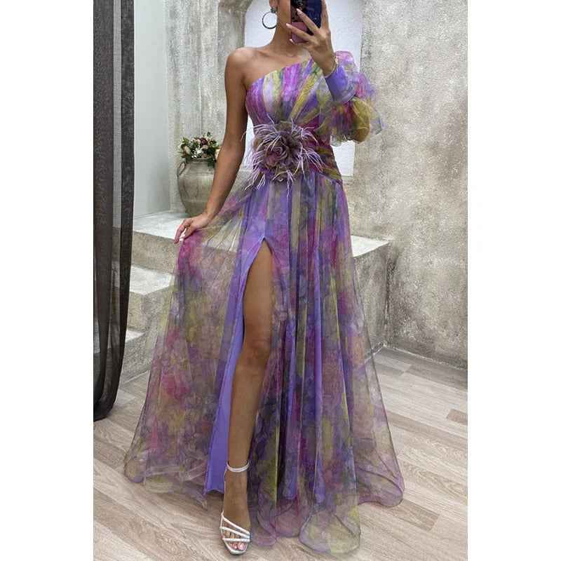 Norma | Elegant Maxi Dress in Sheer Floral Design Purple