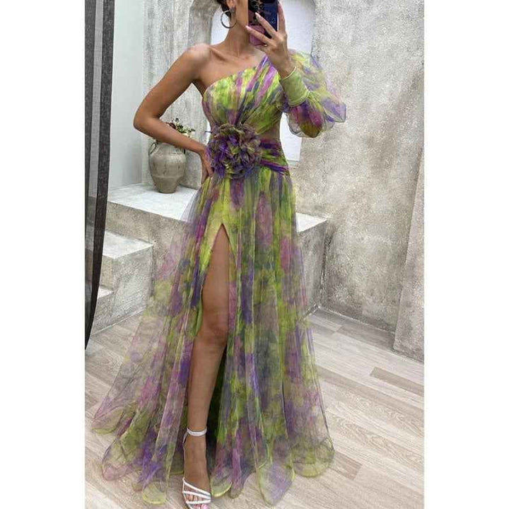 Norma | Elegant Maxi Dress in Sheer Floral Design Green