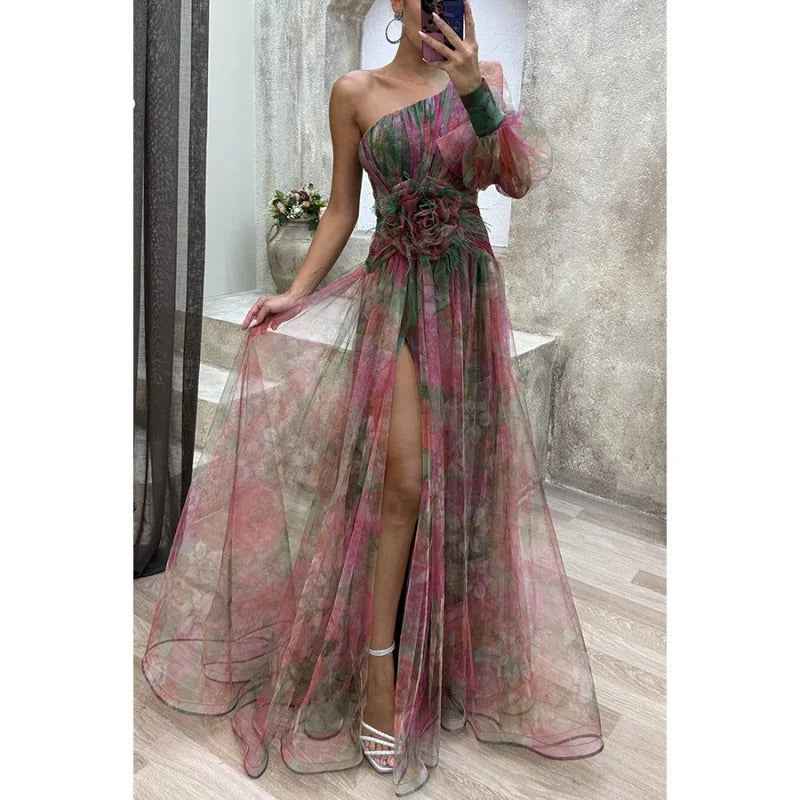 Norma | Elegant Maxi Dress in Sheer Floral Design Red