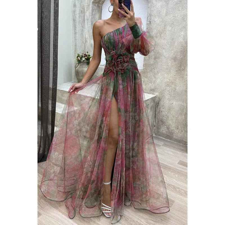 Norma | Elegant Maxi Dress in Sheer Floral Design Red