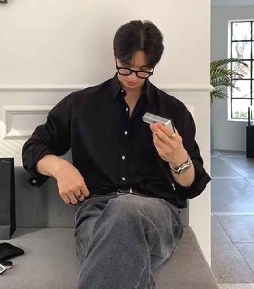 Men's Long Sleeve Relaxed Fit Shirt – Breathable Natural Fabric – Casual Button Design Black