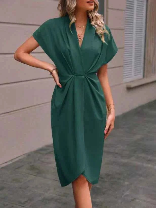 Women's Elegant V-Neck Wrap Dress – Tailored Fit with Short Sleeves Dark Green