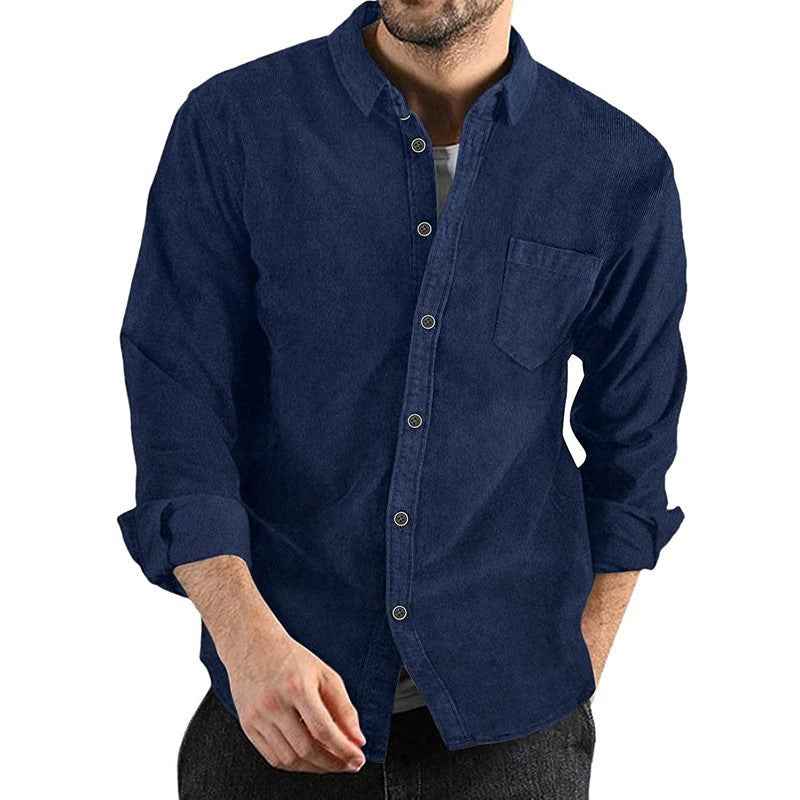 Men's Long Sleeve Corduroy Shirt - Button Closure & Chest Pocket Blue