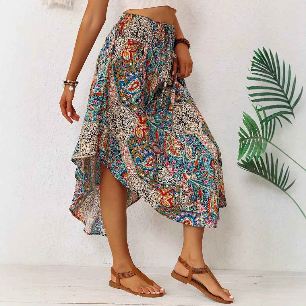 Women's High Waist A-Line Midi Skirt – Asymmetrical Design with Exotic Print and Drawstring Closure