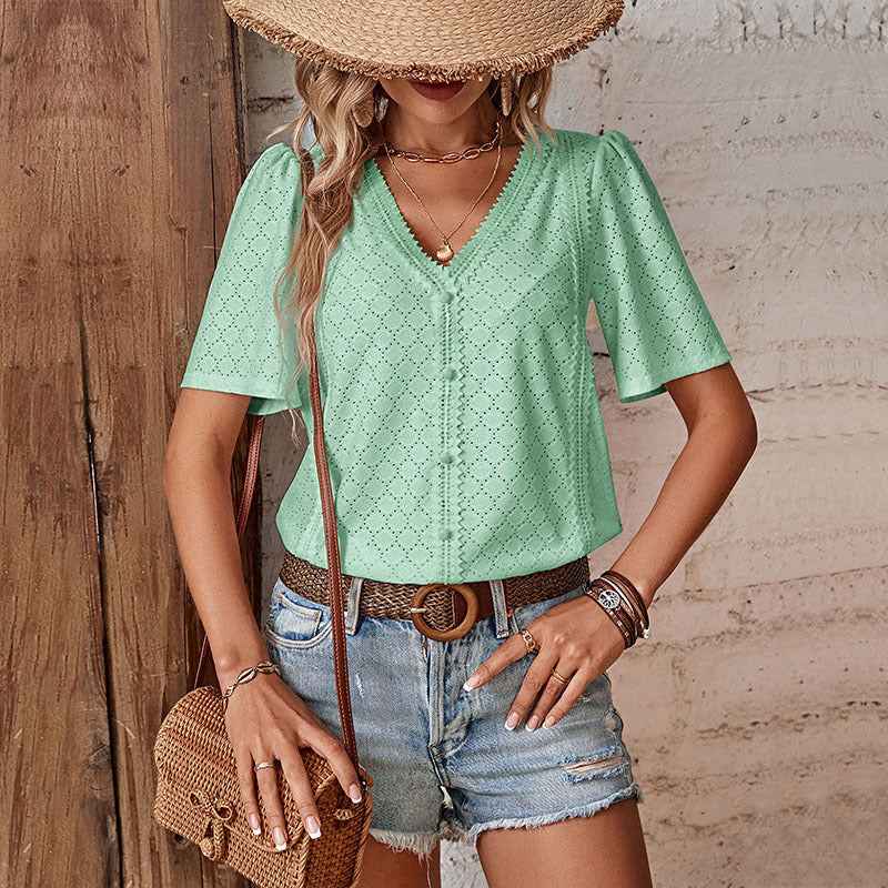 Women's Relaxed Fit V-Neck Cotton Blouse with Lace and Embroidery – Short Sleeve Mint Green