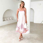 Women's Sleeveless Midi Dress – Flared Fit – Cotton with Back Tie Closure – Crocheted Neckline & Floral Hem