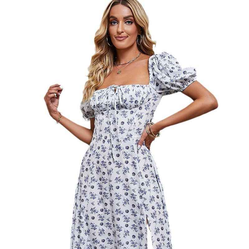 Women's A-Line Midi Dress - Floral Print, Bow Detail, Puff Sleeves, Front Split