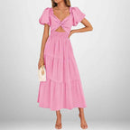 Women's A-Line Midi Dress with Smocked Waist, Puff Sleeves, and V-Neck – Cotton Blend Pink