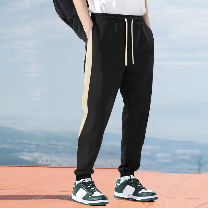 Men's Relaxed Fit Jogging Pants – Cotton Blend with Side Stripe and Drawstring Waist Black