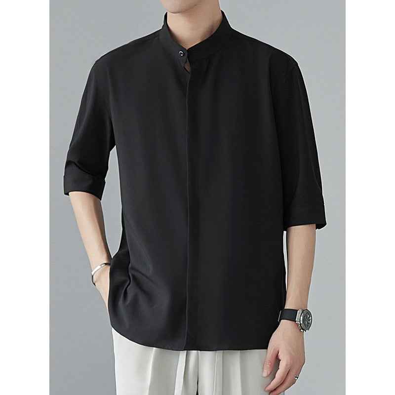 Men's Relaxed Fit Linen Look Shirt with Mao Collar and Concealed Button Closure Black