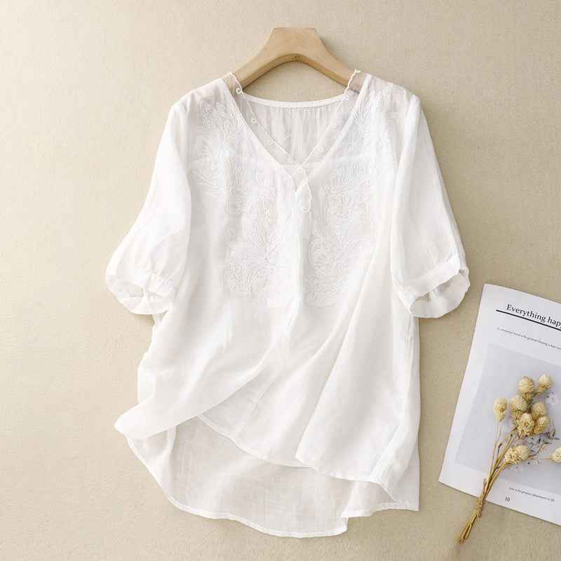 Women's Loose Fit V-Neck Blouse – Short Sleeves – Embroidered – Breathable Fabric White