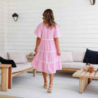 Women's V-Neck Loose Fit Cotton Dress with Button Closure and Lace Details