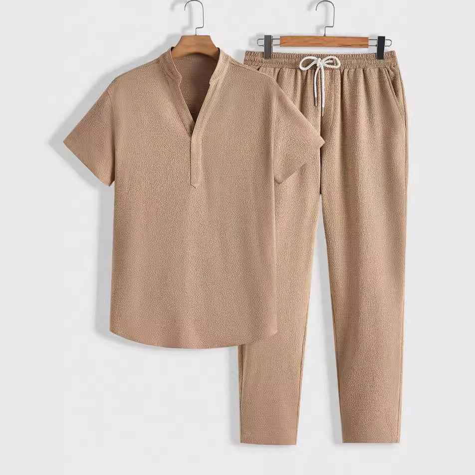 Men's Breathable Tracksuit Set – V-Neck Top & Drawstring Pants – Relaxed Fit Khaki