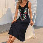 Women's Sleeveless Midi Dress - Loose Fit Cotton with Embroidered Design