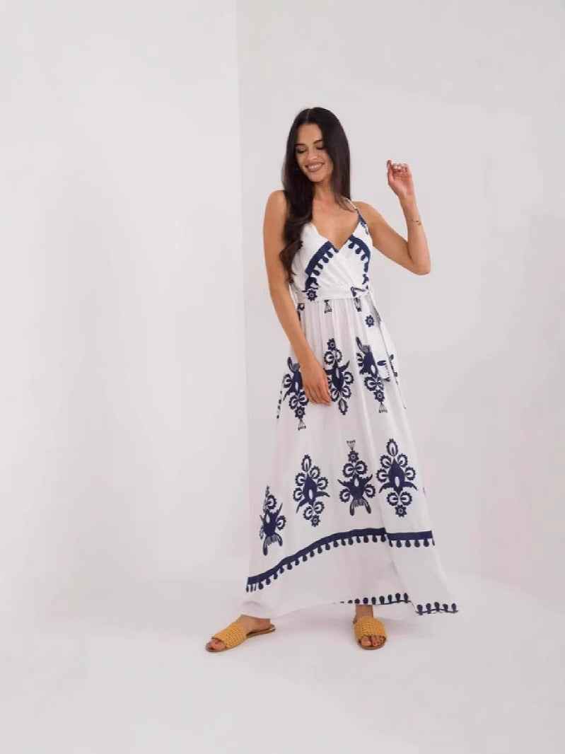 Women's Lightweight Cotton Maxi Dress – V-Neck, Sleeveless, Empire Waist, Printed