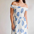 Women's A-Line Midi Dress – Off-Shoulder Smock Top – Cotton Blend – Shell Print