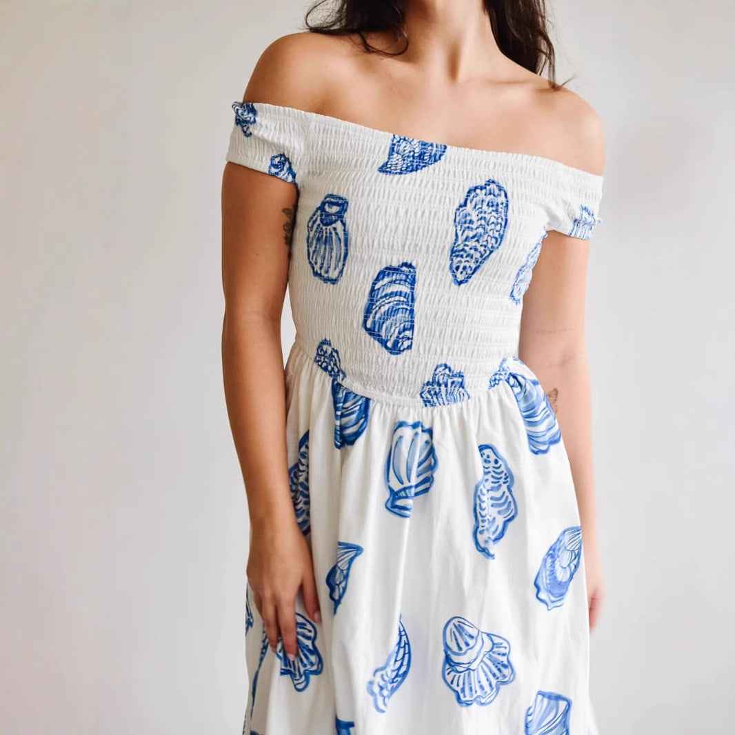 Women's A-Line Midi Dress – Off-Shoulder Smock Top – Cotton Blend – Shell Print