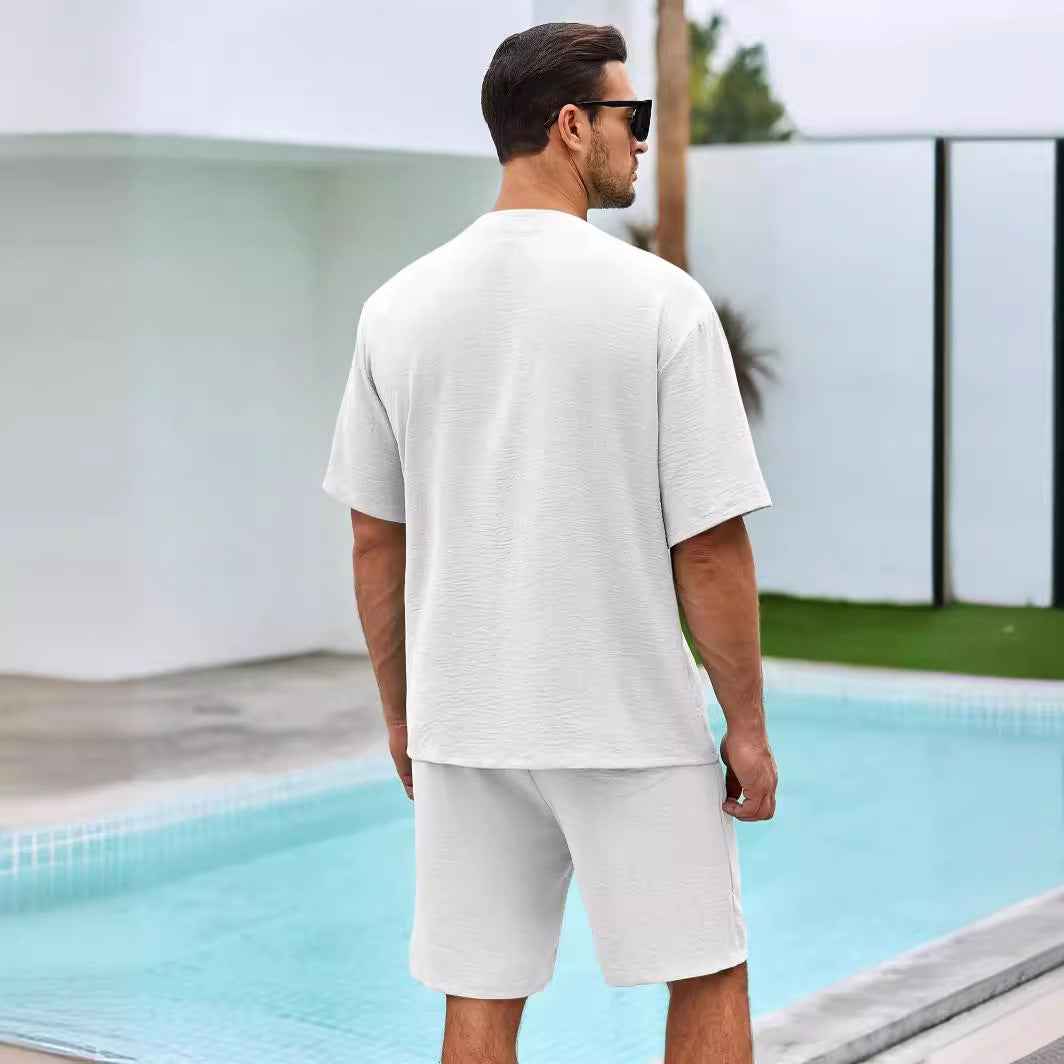 Men's V-Neck Shirt and Shorts Set – Button Closure – Relaxed Fit – Breathable Fabric