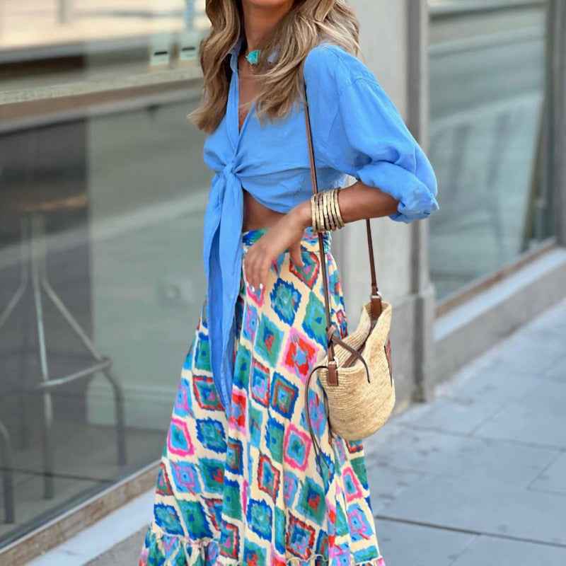 Women's Maxi Skirt – Flared Fit – Layered Geometric Print – Lightweight Fabric