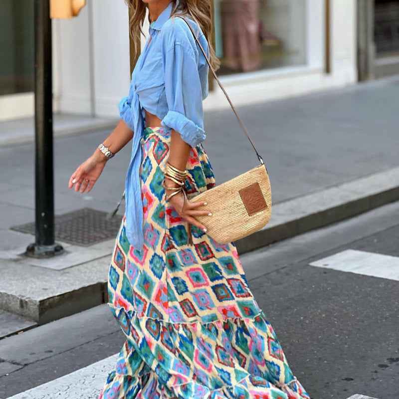 Women's Maxi Skirt – Flared Fit – Layered Geometric Print – Lightweight Fabric