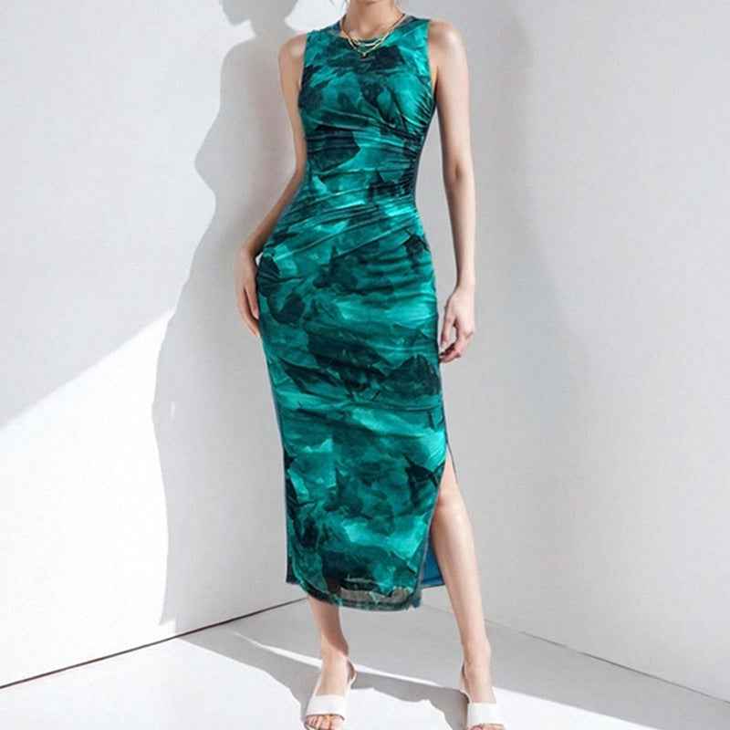 Women's Elegant Midi Dress – Sleeveless, Slim Fit with Side Slit Print Green