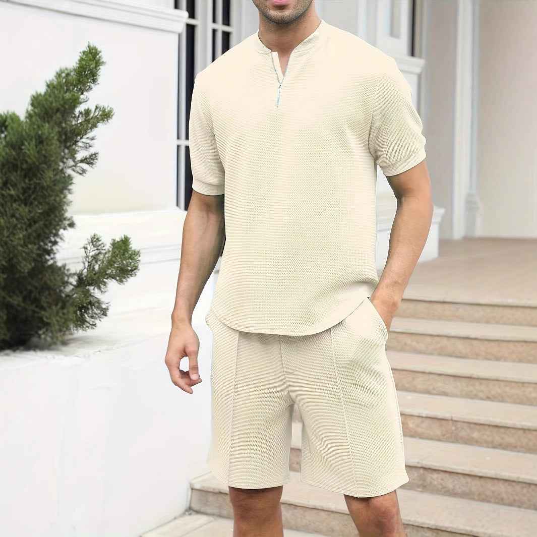 Men's Relaxed Fit Ripstop Set with Soft Breathable Waffle Texture and Shorts