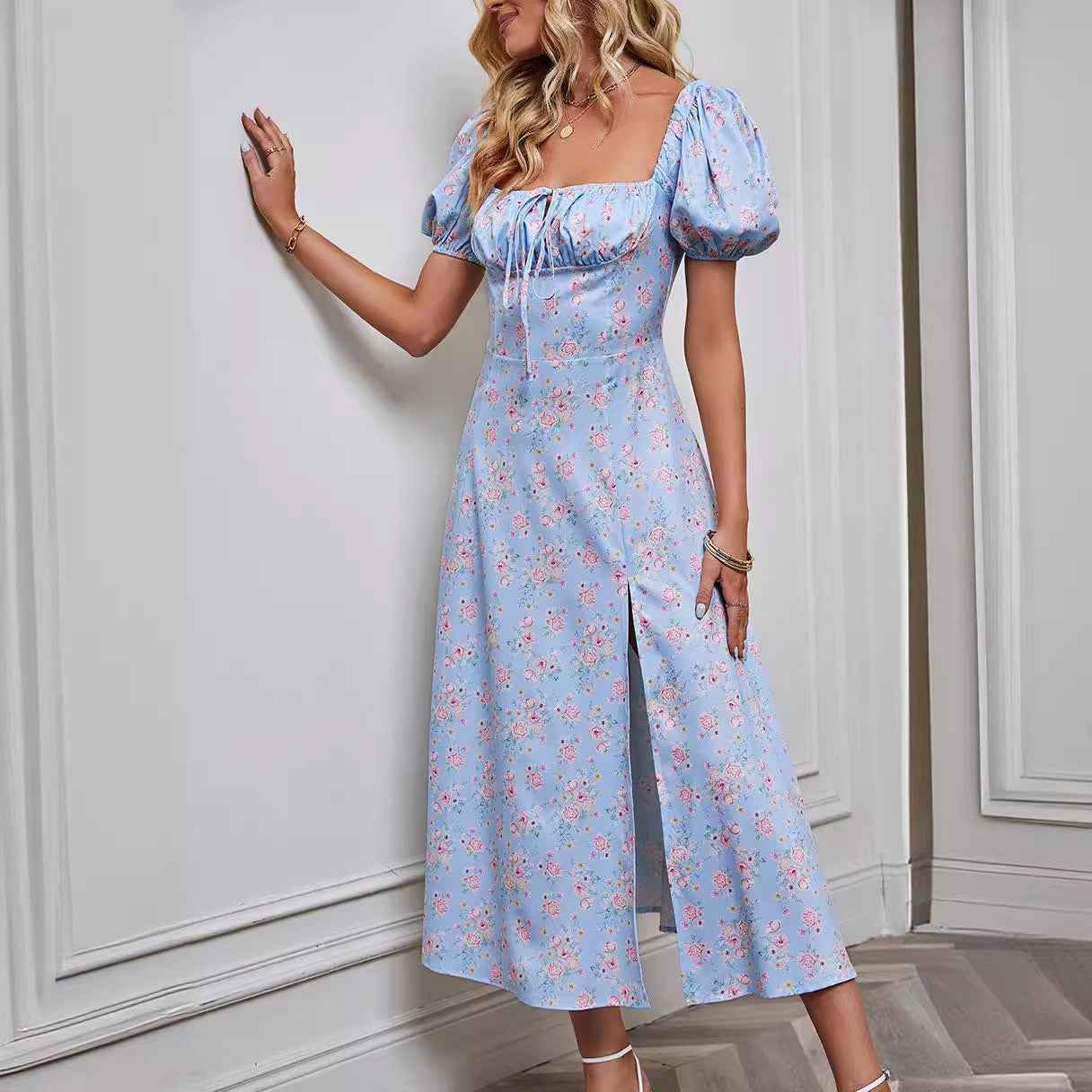 Women's A-Line Midi Dress - Floral Print, Bow Detail, Puff Sleeves, Front Split