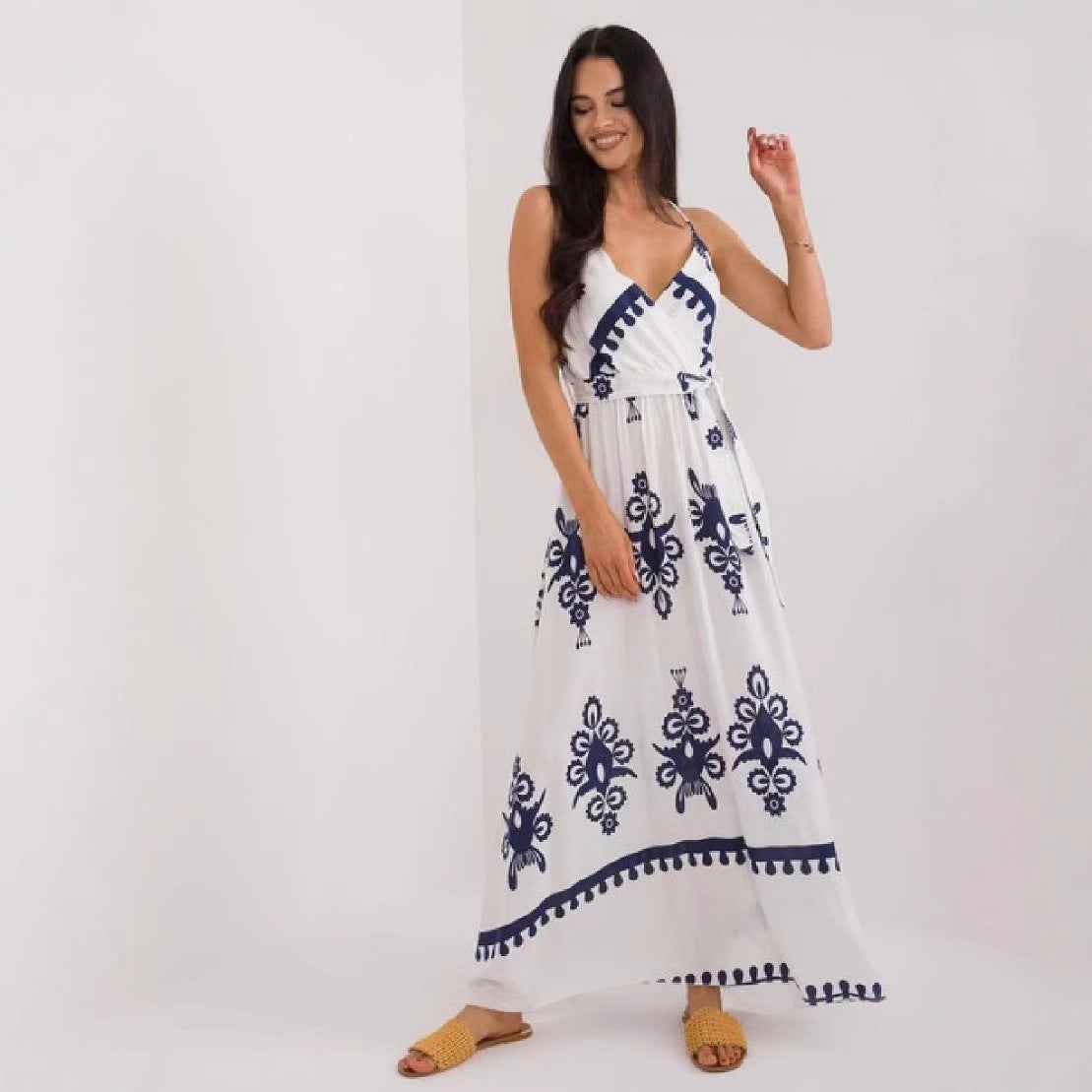 Women's Lightweight Cotton Maxi Dress – V-Neck, Sleeveless, Empire Waist, Printed