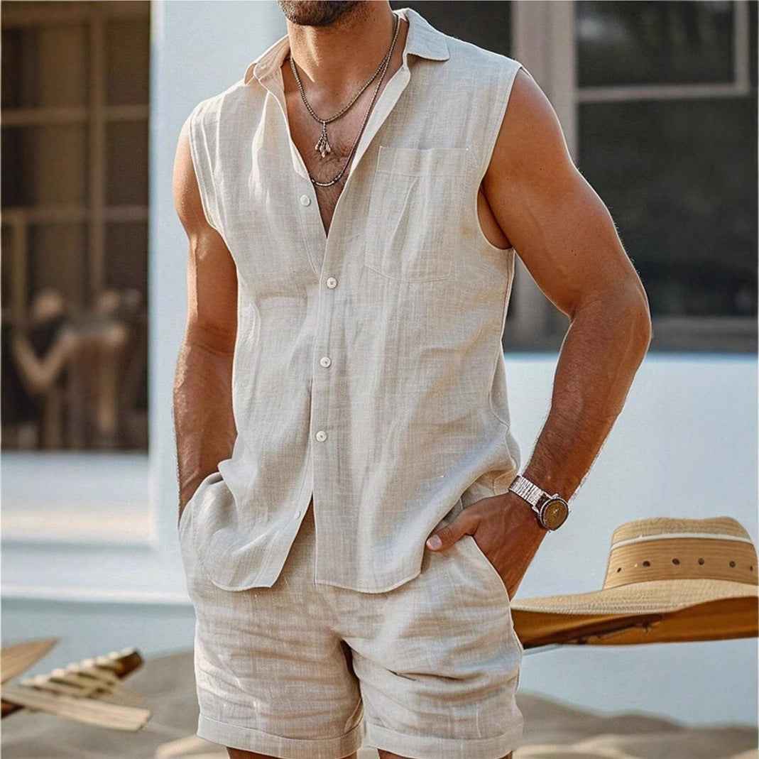 Men's Sleeveless Set – Loose Fit – Breathable Casual Fabric – Button Closure Apricot