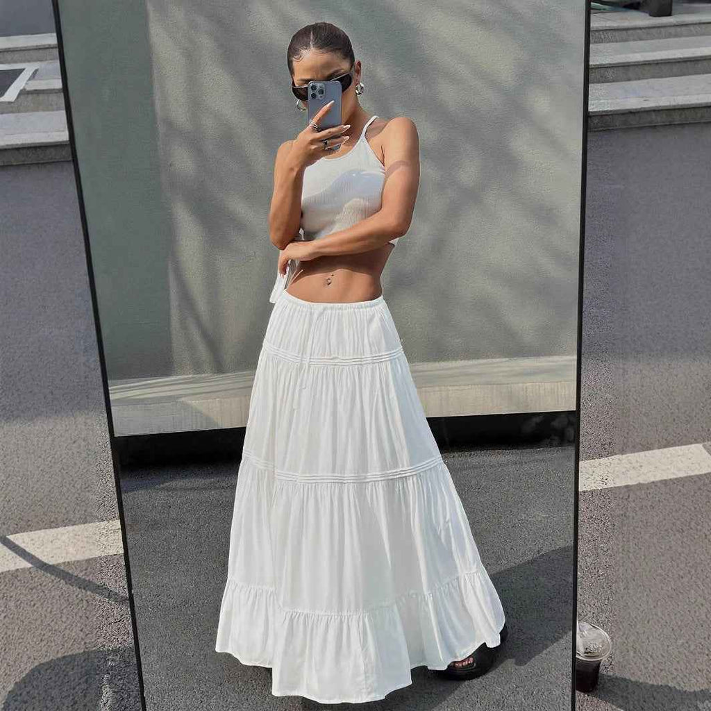 Women's A-Line Maxi Skirt with Layered Ruffles and Drawstring Waist – Lightweight Fabric