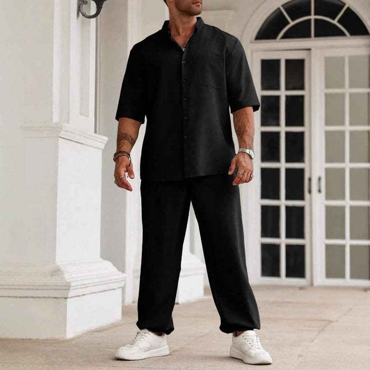 Men's Casual Outfit Set – Breathable Fabric – Relaxed Fit – Short Sleeve & Long Pants