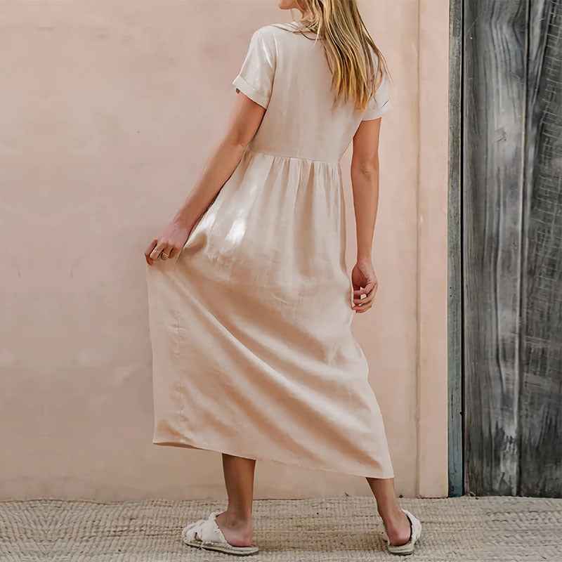 Women's Loose Fit Midi Dress – V-Neck, Button Detail, Short Sleeve – Linen Cotton