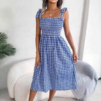 Women's Slim Fit Midi Dress – Checked Print – Smocked Bodice – Tie Strap Shoulders