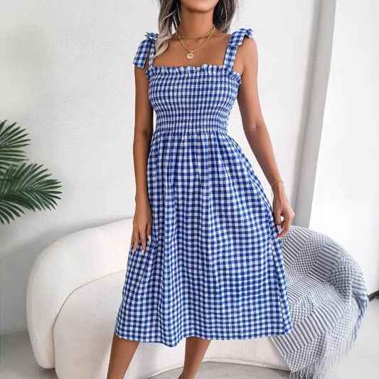Women's Slim Fit Midi Dress – Checked Print – Smocked Bodice – Tie Strap Shoulders