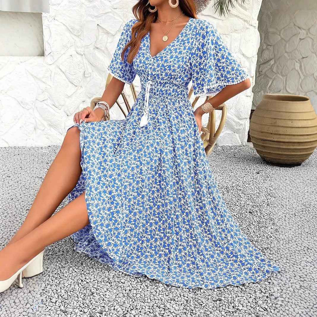Women's Floral Print Midi Dress – V-Neck, Cotton, Adjustable Waist, Split Hem