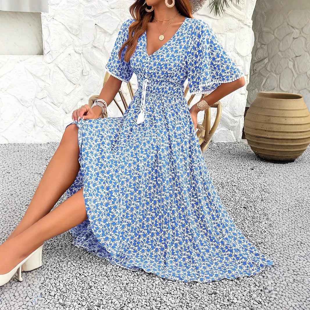 Women's Floral Print Midi Dress – V-Neck, Cotton, Adjustable Waist, Split Hem