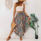 Women's High Waist A-Line Midi Skirt – Asymmetrical Design with Exotic Print and Drawstring Closure Blue