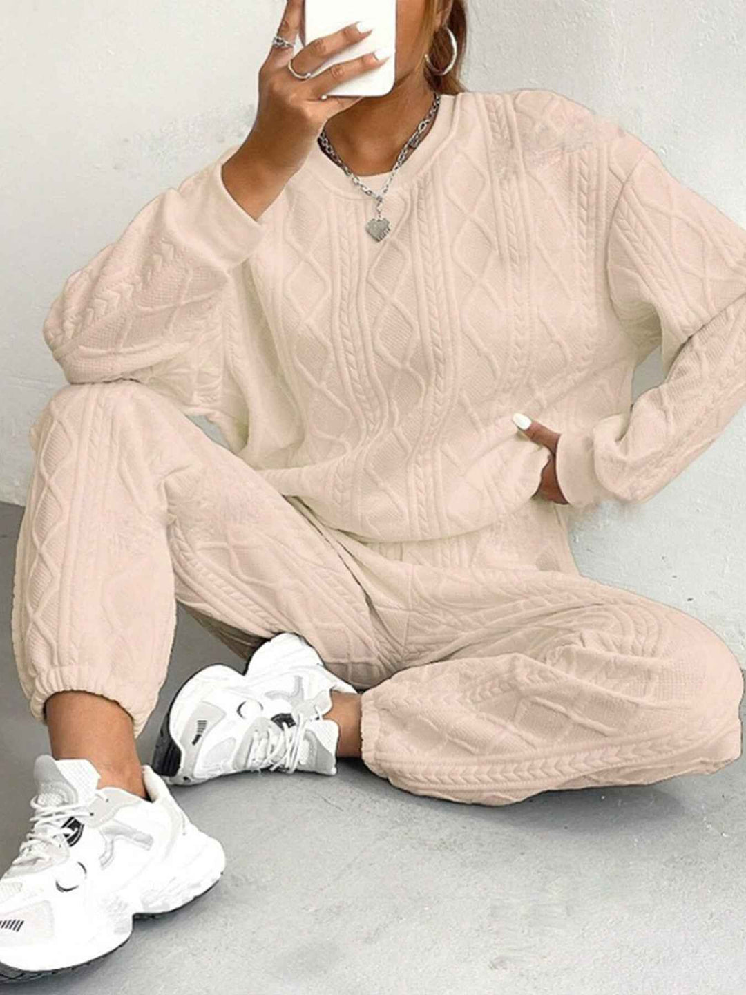 Women's Relaxed Fit Lounge Set – Knitted Cable Design with Long Sleeves & Ribbed Pants Apricot