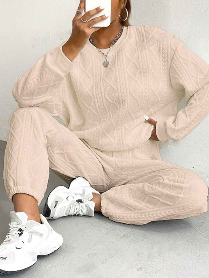 Women's Relaxed Fit Lounge Set – Knitted Cable Design with Long Sleeves & Ribbed Pants Apricot